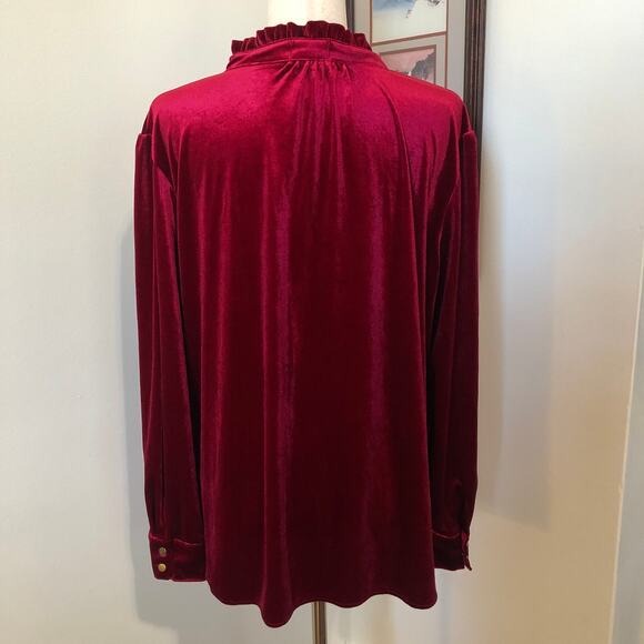 Red Velvet Ruffle Neck Blouse XL Long Sleeve Top Holiday Party Romantic Goth - Picture 6 of 10